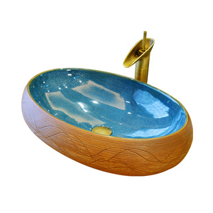 瓷师傅欧式台上盆洗手盆椭圆形陶瓷台上洗脸盆复古家用仿古艺术盆