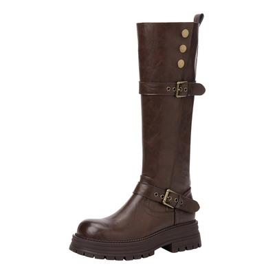 达芙妮棕色长筒靴女款季加绒复古