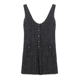 DeesseSicile高智时髦感亮丝粗花呢法式小香风吊带V领直筒连体裤