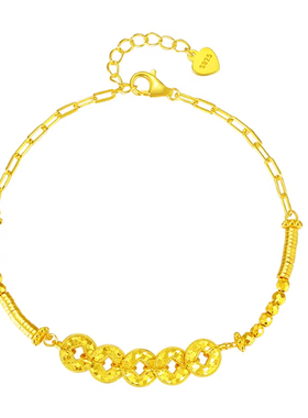 新款仿真黄金色碎冰冰五帝钱手链新中式招财纳福转运手串七夕礼物