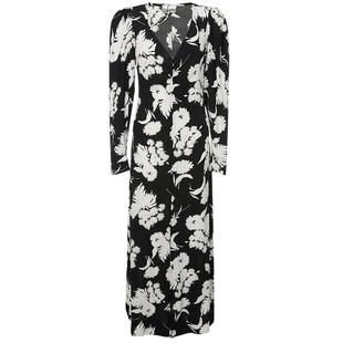 GANNI春春季法式黑白色花卉印花V领优雅度假长袖连衣裙银泰百货