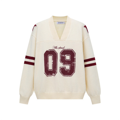 美式街头数字印花V领针织衫男女