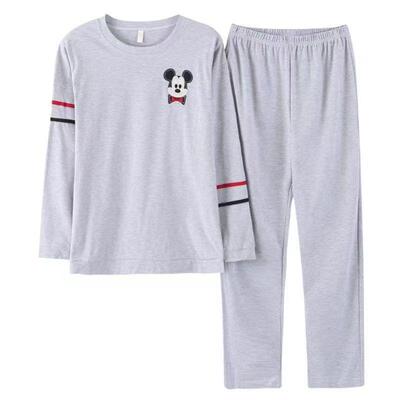 女士纯棉长袖带胸垫睡衣套装春秋