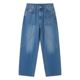 张杰同款牛仔裤男宽松直筒不规则阔腿美式高街百搭裤子春秋季长裤