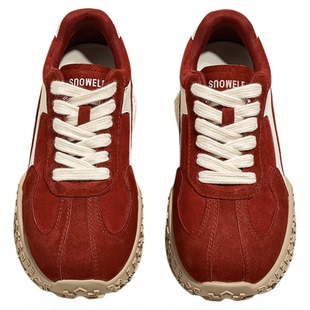 7cm内增高加绒德训鞋女2025新款冬季红色鞋子厚底百搭休闲运动鞋