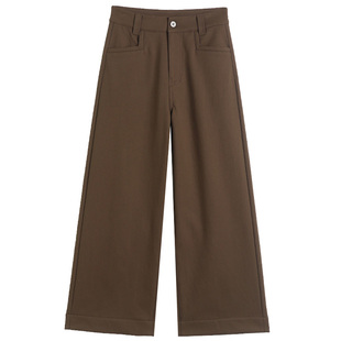 咖色加绒阔腿裤女秋冬新款高腰美拉德保暖加厚小个子九分直筒裤子