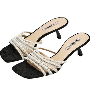 73hours女鞋珍珠变奏2026夏季新款高跟一字拖女小香风外穿凉拖鞋