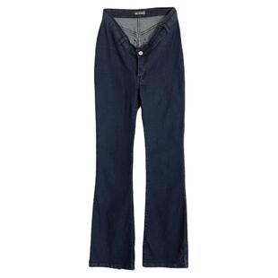 设计款特色三角腰前短后长小蛮腰原创设计洗水拉链牛仔微喇叭长裤