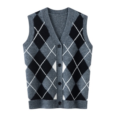 儿童V领菱形格纯山羊绒针织马甲