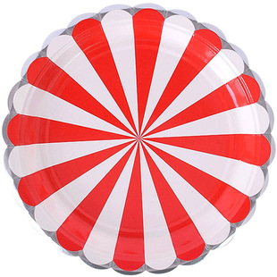 红色派对装扮用品一次性烫银花边条纹纸盘生日圣诞节party盘子