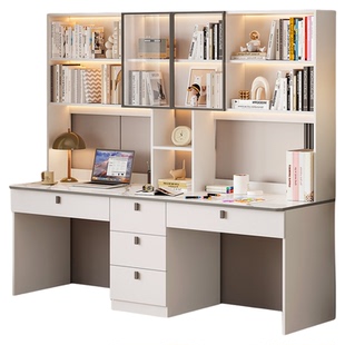 双人书桌书架一体桌子电脑桌卧室家用学生实木学习桌书柜一体靠墙