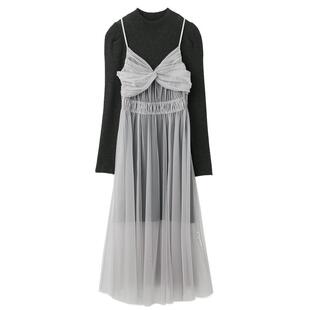 SNIDEL春夏款甜美吊带薄纱修身针织连衣裙两件套SWNO241007