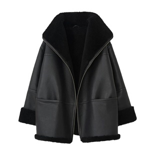 刘雯同款黑色大翻领机车皮衣外套女冬季今年流行爆款皮毛一体大衣