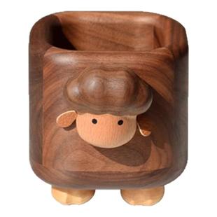 小羊卷卷黑胡桃实木笔筒化妆笔收纳盒创意可爱礼品原木高档伴手礼