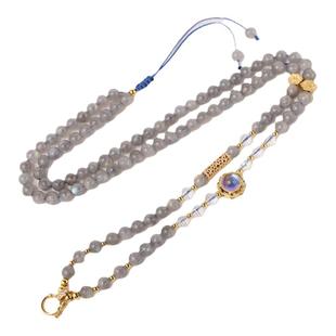 天然灰月光石拉长石吊坠挂绳男女款新中式国风高档唐卡绳方便卡扣