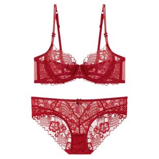 艾菲拉维多利亚性感超薄蕾丝内衣红色本命年文胸罩防下垂大胸显小