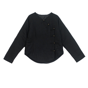 布麻范原创设计美院派艺术系风情款复古斜襟短棉袄 墨染 黑色