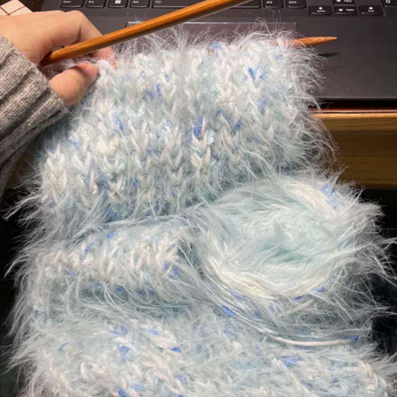 围巾手工diy材料包海烟波蓝毛线温暖手混线编织棒针双元宝送女生