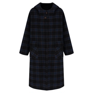 SeRinaBlue2026春季新款蓝色长款双面呢外套格纹连帽女士羊毛大衣