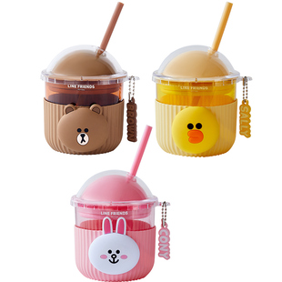 LINE FRIENDS玻璃吸管杯ins风家用办公高颜值卡通带盖牛奶咖啡杯
