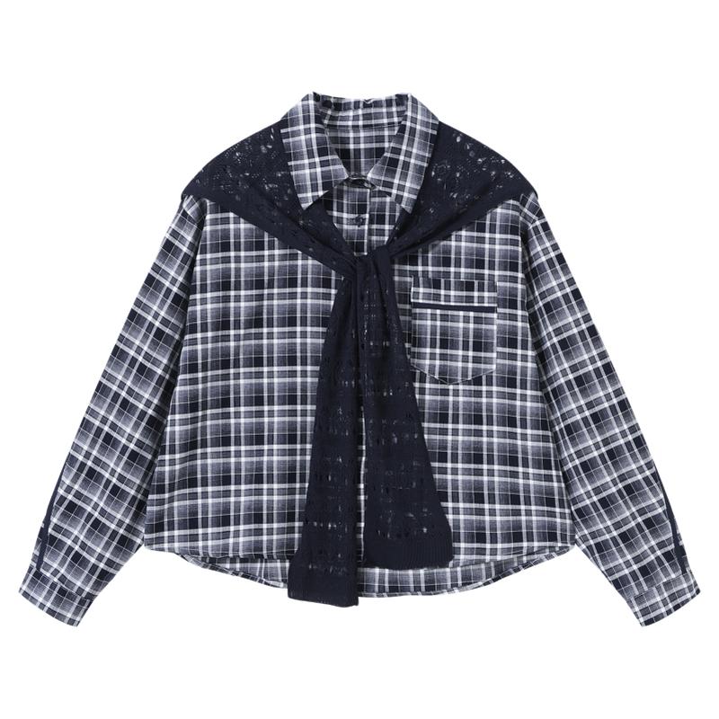 Basic House/百家好学院风格纹衬衫女长袖针织镂空披肩百搭上衣