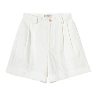 三所vintage 亚麻Linen百慕大下摆翻边双腰袢两侧对称五分短裤