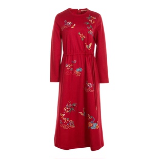 渔牌2025冬季新款复古红色国风连衣裙长袖收腰刺绣气质裙FGHD0045