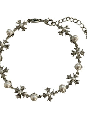 XMR中性风银色十字架珍珠手链女