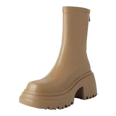 一力米灰百搭圆头厚底弹力靴