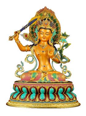 闯隆铜彩绘雕花文殊铜器雕像摆件