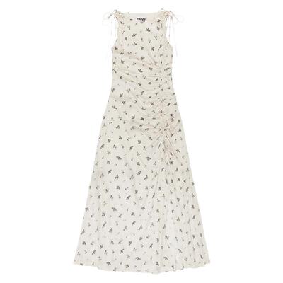 GANNI女装 白鹭色碎花法式优雅气质系带缩褶连衣裙长裙 W0640135