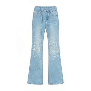 时髦高腰烫钻微喇牛仔裤女2026年春季水钻装饰修身设计感直筒长裤