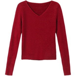 水貂绒修身短款毛衣女秋冬2025新款 小个子加厚v领内搭紧身打底衫