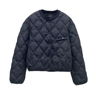 轻薄羽绒服女短款2025冬季新款针织圆领拼接90白鸭绒宽松菱格外套