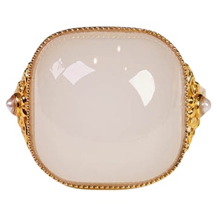 秋冬季天然和田玉戒指女藕粉白玉方形镶嵌18k金指环送老婆a货礼物