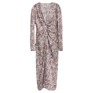 3ts扭结印花V领束腰型连衣裙小众设计感田园风碎花长裙