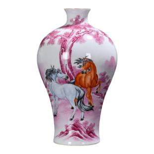 景德镇陶瓷花瓶仿古瓷器手绘玛瑙红马到成功博古架公司摆件中式