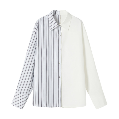 条纹拼接宽松老钱衬衫女