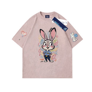 兔子警官仿刺绣夏季100%纯棉女童扎染短袖t恤中学生洋气宽松上衣