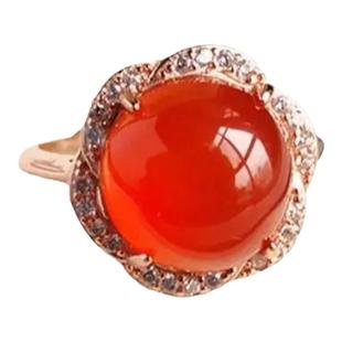 天然红玛瑙玉髓满钻花朵戒指镀925银镀18K玫瑰金复古时尚宝石指环