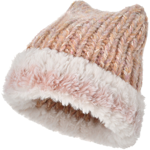 卡蒙儿童可爱猫耳朵彩色羊毛毛线帽女宝护耳保暖毛绒针织帽6-9岁