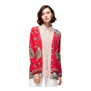 圣雪绒2019秋冬新品羊绒衫女士V领复古印花本命年红色针织开衫