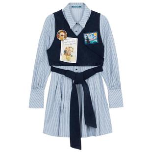 KEIKO 美式学院假两件衬衫连衣裙春季设计感系带显瘦条纹a字裙子