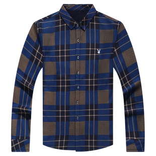 花花公子中年男士保暖衬衫加绒加厚格子长袖纯棉大码爸爸冬装衬衣