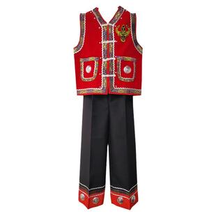火把节服饰佤族男装男童套装长裤牛头瓦套装红马甲黑色裤子亲子款