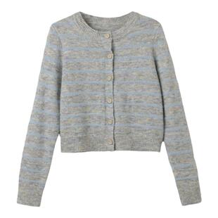 西町村屋蓝灰色条纹圆领开衫秋冬新款学院风短款针织衫XA9D10404