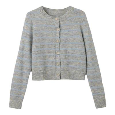 西町村屋蓝灰色条纹圆领针织开衫