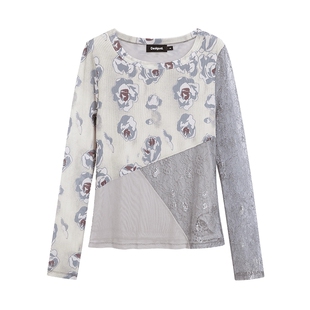 Desigual26【博主同款】春夏新品网纱花卉印花拼接蕾丝女式T恤
