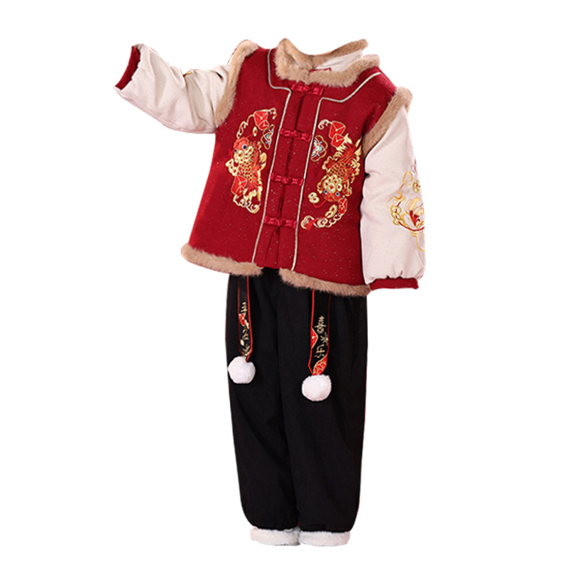 男童拜年服女童汉服2025新款冬装儿童喜庆过年服宝宝周岁礼服唐装