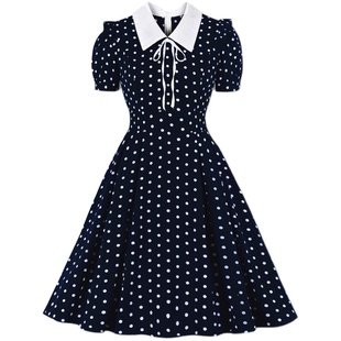 法式温柔复古气质大码港风娃娃领减龄显瘦波点大摆中长连衣裙女夏